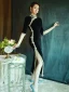 Vintage / Retro Chinese style Black Evening Party Cheongsam 2022 Trumpet / Mermaid High Neck 1/2 Sleeves Lace Flower Split Front Tea-length Cheongsam / Qipao