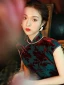 Vintage / Retro Ink Blue Velour Suede Cheongsam 2022 Trumpet / Mermaid High Neck Sleeveless Split Front Tea-length Evening Party Cheongsam / Qipao