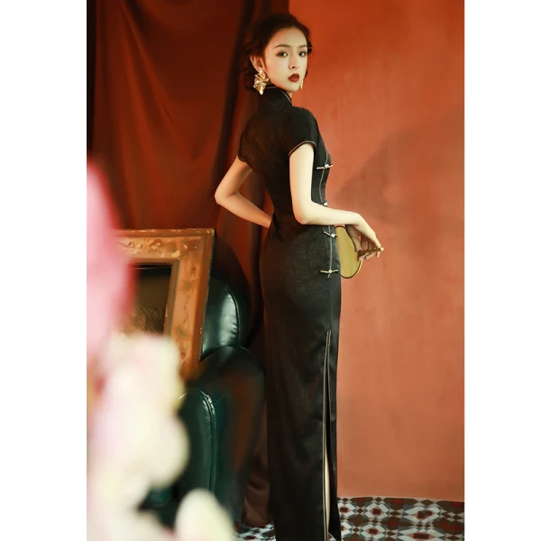 Vintage / Retro Black Evening Party Cheongsam 2022 Trumpet / Mermaid High Neck Short Sleeve Split Front Tea-length Cheongsam / Qipao