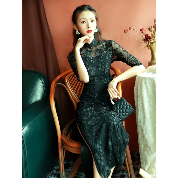 Vintage / Retro Dark Green Split Front Cheongsam 2022 Trumpet / Mermaid High Neck Short Sleeve Tea-length Evening Party Cheongsam / Qipao