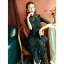 Vintage / Retro Dark Green Split Front Cheongsam 2022 Trumpet / Mermaid High Neck Short Sleeve Tea-length Evening Party Cheongsam / Qipao