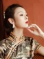 Chiński Styl Vintage Szampan Druk Cheongsam 2022 Syrena / Rozkloszowane Wysokiej Szyi Kótkie Rękawy Podział Przodu Długość Herbaty Wieczorowe Cheongsam