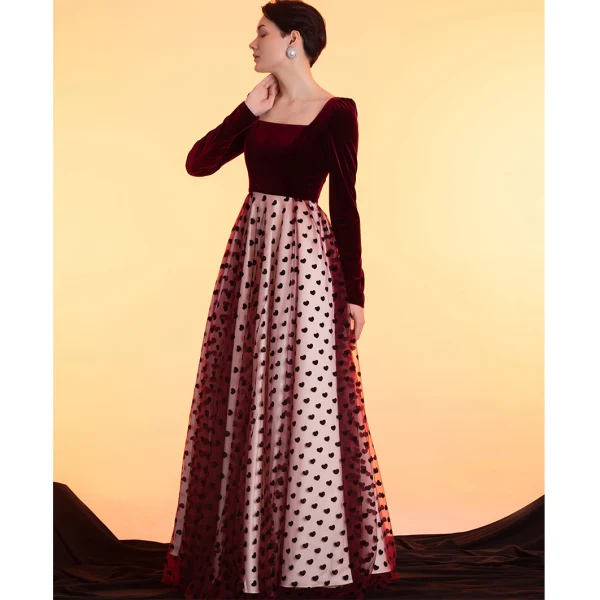 Elegant Suede Velour Black Heart-shaped Burgundy Winter Prom Dresses 2022 A-Line / Princess Square Neckline Long Sleeve Backless Floor-Length / Long Formal Dresses