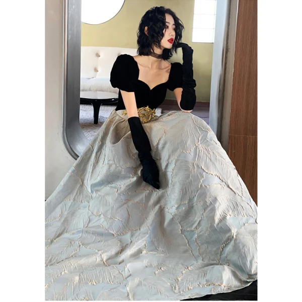 Fashion Black Prom Dresses 2022 A-Line / Princess Off-The-Shoulder Puffy Short Sleeve Backless Embroidered Floor-Length / Long Formal Dresses