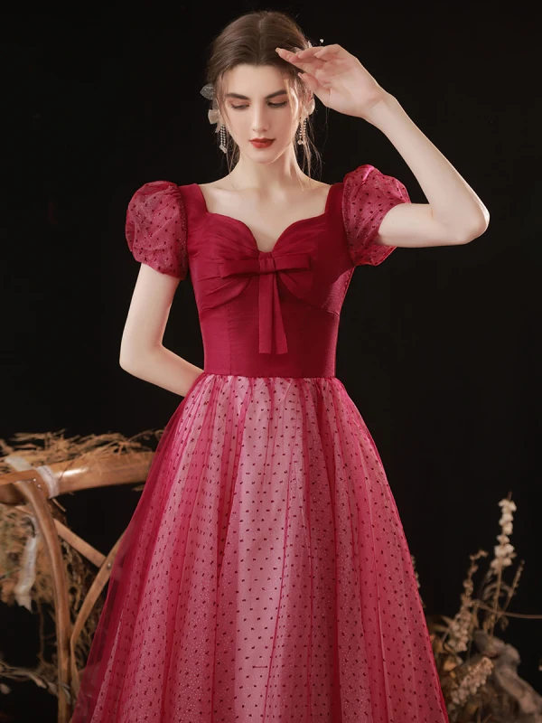 Elegant Burgundy Spotted Prom Dresses 2022 A-Line / Princess Square Neckline Puffy Short Sleeve Bow Backless Floor-Length / Long Formal Dresses