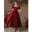 Elegant Burgundy Satin Prom Dresses 2022 A-Line / Princess Square Neckline Puffy Short Sleeve Bow Backless Floor-Length / Long Prom Formal Dresses