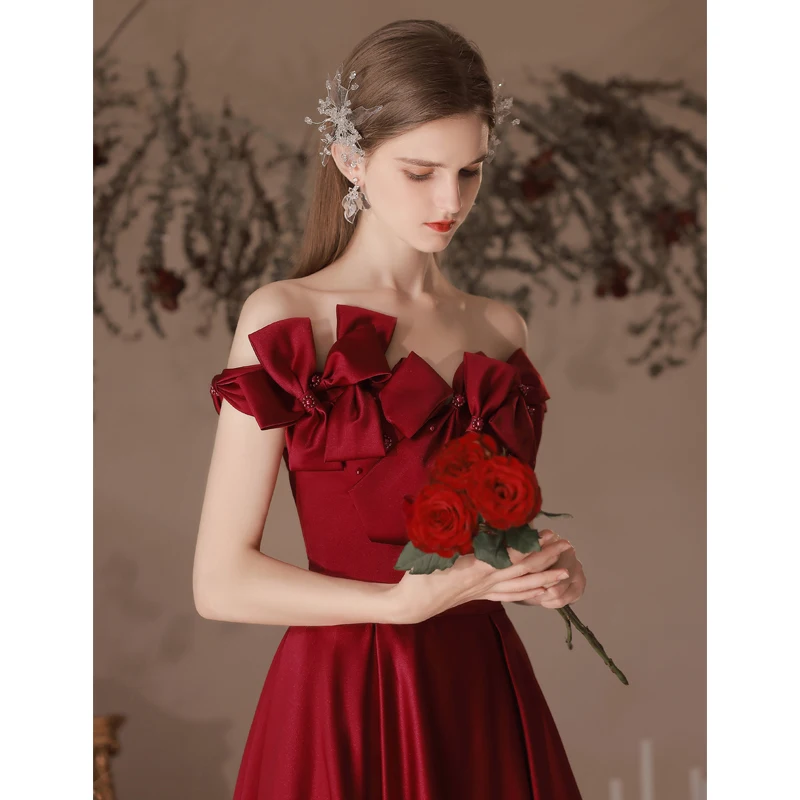 Chic Beautiful Burgundy Prom Dresses 2022 A Line Princess Strapless Bow  Sleeveless Backless Floor Length Long Satin Prom Formal Dresses