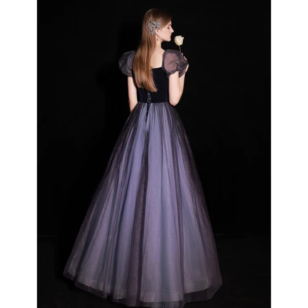 Charmant Violet Glitter Paillettes Robe De Bal 2022 Princesse De l'épaule Manches Courtes Noeud Dos Nu Longue Robe De Ceremonie