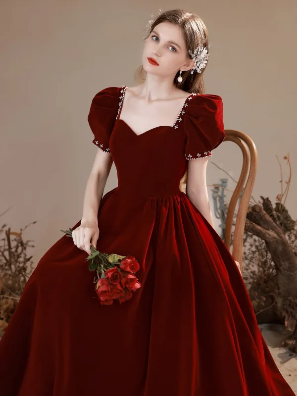 Elegant Burgundy Pearl Suede Prom Dresses 2022 A-Line / Princess Square Neckline Short Sleeve Backless Floor-Length / Long Formal Dresses