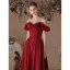 Elegant Burgundy Satin Prom Dresses 2022 A-Line / Princess Off-The-Shoulder Bow Short Sleeve Backless Floor-Length / Long Formal Dresses