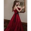 Chic / Beautiful Burgundy Prom Dresses 2022 A-Line / Princess Strapless Bow Sleeveless Backless Sweep Train Satin Prom Formal Dresses