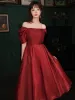 Elegant Burgundy Satin Prom Dresses 2022 A-Line / Princess Square Neckline Puffy Short Sleeve Backless Floor-Length / Long Formal Dresses