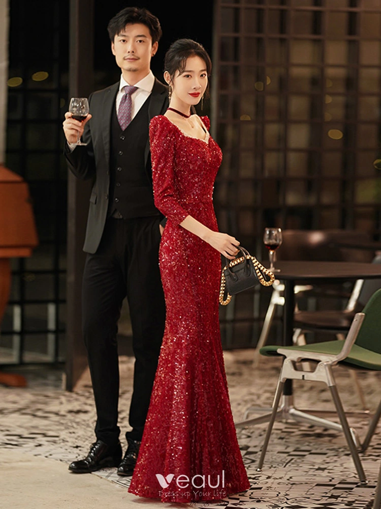Burgundy Mermaid Square Sequin Party Formal Dress