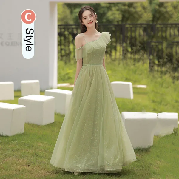 Simple Vert Cendré Robe Demoiselle D'honneur 2021 Princesse Paillettes Manches Courtes Dos Nu Longue Robe Demoiselle D'honneur