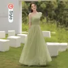 Modest / Simple Sage Green Bridesmaid Dresses 2021 A-Line / Princess Sequins Short Sleeve Backless Floor-Length / Long Bridesmaid Dresses