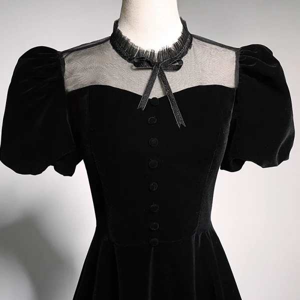 Elegant Black Suede Prom Dresses 2021 A-Line / Princess High Neck Bow Puffy Short Sleeve Backless Floor-Length / Long Formal Dresses