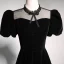 Elegant Black Suede Prom Dresses 2021 A-Line / Princess High Neck Bow Puffy Short Sleeve Backless Floor-Length / Long Formal Dresses