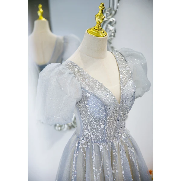 Chic / Beautiful Grey Beading Sequins Puffy Prom Dresses 2022 A-Line / Princess V-Neck Short Sleeve Backless Floor-Length / Long Formal Dresses