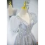 Chic / Beautiful Grey Beading Sequins Puffy Prom Dresses 2022 A-Line / Princess V-Neck Short Sleeve Backless Floor-Length / Long Formal Dresses
