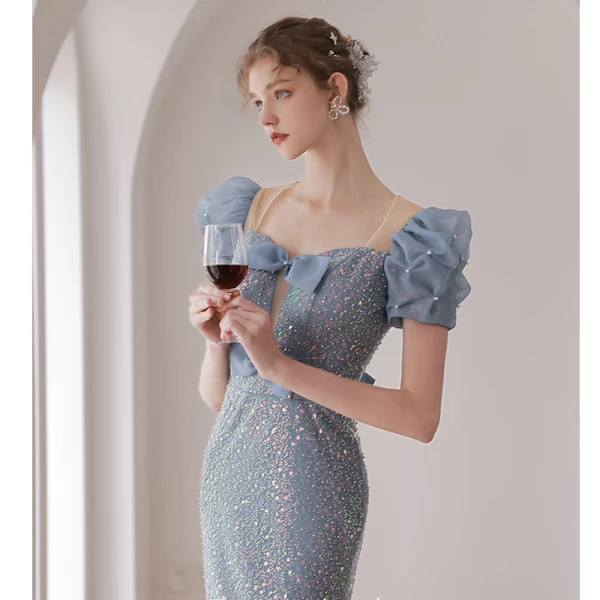 Charmant Bleu Ciel Paillettes Robe De Soirée 2022 Trompette / Sirène Encolure Carrée Noeud Gonflée Manches Courtes Dos Nu Longue Soirée Robe De Ceremonie