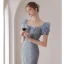 Charmant Bleu Ciel Paillettes Robe De Soirée 2022 Trompette / Sirène Encolure Carrée Noeud Gonflée Manches Courtes Dos Nu Longue Soirée Robe De Ceremonie