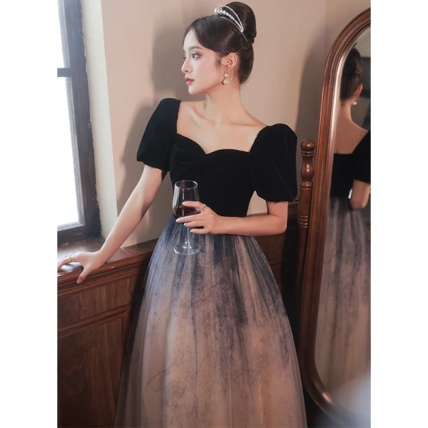 Elegant Black Prom Dresses 2022 A-Line / Princess Square Neckline Short Sleeve Backless Floor-Length / Long Prom Formal Dresses
