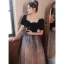 Elegant Black Prom Dresses 2022 A-Line / Princess Square Neckline Short Sleeve Backless Floor-Length / Long Prom Formal Dresses