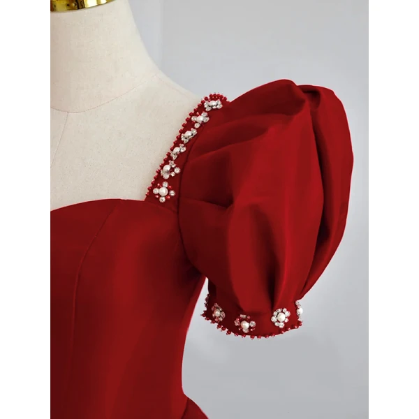 Elegant Burgundy Satin Prom Dresses 2022 A-Line / Princess Square Neckline Puffy Short Sleeve Backless Pearl Rhinestone Floor-Length / Long Prom Formal Dresses