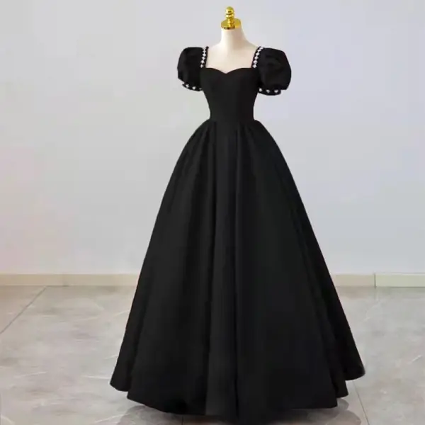 Elegant Black Satin Prom Dresses 2022 A-Line / Princess Square Neckline Puffy Short Sleeve Pearl Rhinestone Backless Floor-Length / Long Formal Dresses