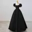 Elegant Black Satin Prom Dresses 2022 A-Line / Princess Square Neckline Puffy Short Sleeve Pearl Rhinestone Backless Floor-Length / Long Formal Dresses