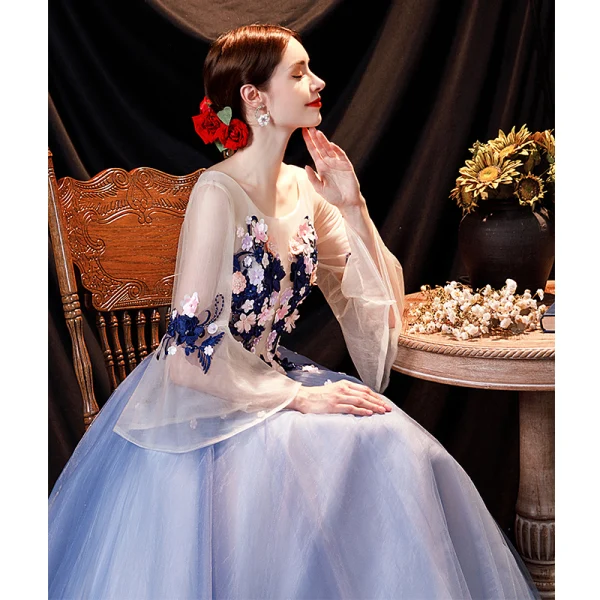 Flower Fairy Sky Blue Pearl Lace Flower Appliques Prom Dresses 2021 A-Line / Princess U-Neck Bell sleeves Backless Floor-Length / Long Formal Dresses