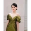High-end Olive Green Satin Evening Dresses  2022 Trumpet / Mermaid Off-The-Shoulder Short Sleeve Sweep Train Evening Party Formal Dresses