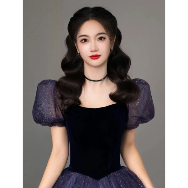 Vintage / Retro Navy Blue Sequins Prom Dresses 2022 Ball Gown Square Neckline Puffy Short Sleeve Floor-Length / Long Formal Dresses