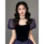 Vintage / Retro Navy Blue Sequins Prom Dresses 2022 Ball Gown Square Neckline Puffy Short Sleeve Floor-Length / Long Formal Dresses