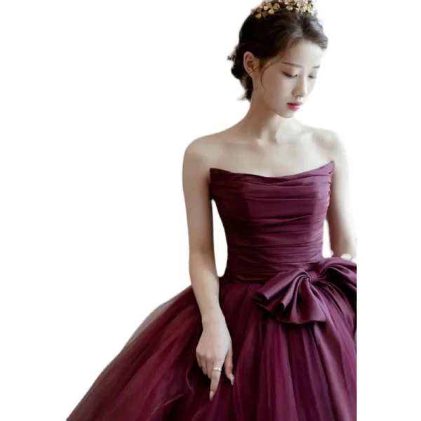 Charming Burgundy Evening Dresses 2022 A-Line / Princess Strapless Bow Sleeveless Backless Floor-Length / Long Evening Party Formal Dresses