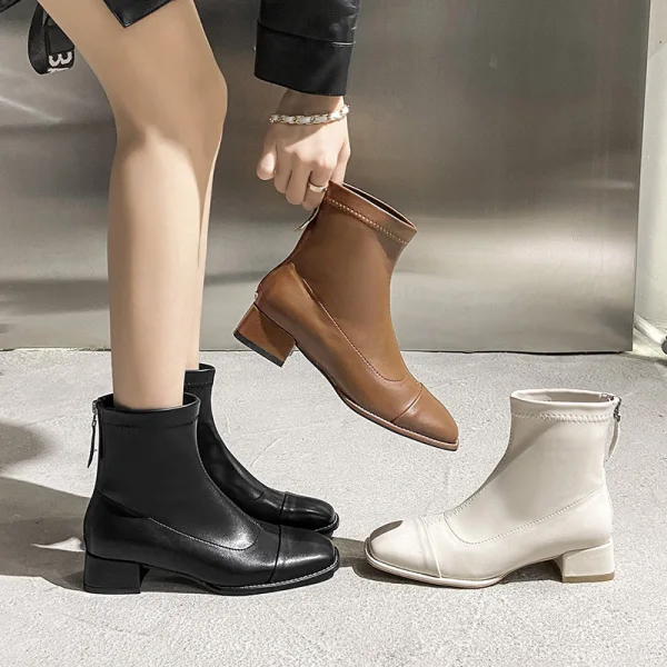 Vintage Beige Strassenmode Winter Stiefel Damen 2022 3 cm Thick Heels Low Heel Quadratische Zehe Stiefel
