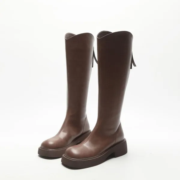 Vintage / Retro Brown Winter Street Wear Womens Boots 2022 Leather Round Toe Waterproof Flat Boots