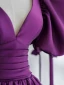 Vintage / Retro Grape Satin Prom Dresses 2021 A-Line / Princess V-Neck Puffy Short Sleeve Backless Bow Sweep Train Formal Dresses