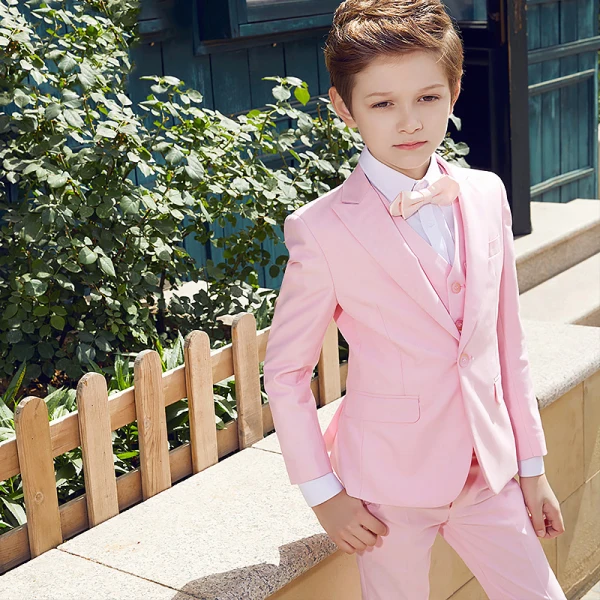 Fashion Candy Pink Bow Long Sleeve Boys Wedding Suits 2022 Coat Pants Shirt Tie Vest