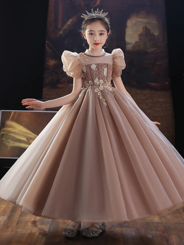 Chic / Beautiful Khaki Beading Pearl Lace Flower Flower Girl Dresses 2022 Ball Gown Birthday Scoop Neck Puffy Short Sleeve Floor-Length / Long Flower Girl Dresses