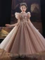 Chic / Beautiful Khaki Beading Pearl Lace Flower Flower Girl Dresses 2022 Ball Gown Birthday Scoop Neck Puffy Short Sleeve Floor-Length / Long Flower Girl Dresses