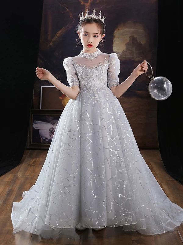 Fashion Silver Beading Sequins Lace Flower Birthday Flower Girl Dresses 2022 A-Line / Princess High Neck Short Sleeve Floor-Length / Long Flower Girl Dresses