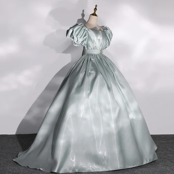 Vintage / Retro Dark Green Satin Prom Dresses A-Line / Princess 2022 Square Neckline Puffy Short Sleeve Backless Sweep Train Formal Dresses