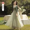 Modest / Simple Olive Green Velour Bridesmaid Dresses 2022 Bridesmaid A-Line / Princess Square Neckline 3/4 Sleeve Backless Floor-Length / Long Wedding Party Dresses