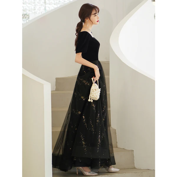 Elegant Black Sequins Prom Dresses 2022 A-Line / Princess Pearl Square Neckline Short Sleeve Backless Floor-Length / Long Formal Dresses
