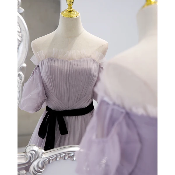 Charmant Lavande Robe De Bal 2022 Princesse De l'épaule Gonflée Manches Courtes Dos Nu Noeud Ceinture Longue Robe De Ceremonie