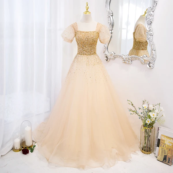 Charming Gold Prom Dresses 2022 A-Line Princess Square Neckline Beading Sequins Puffy