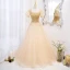 Charming Gold Prom Dresses 2022 A-Line / Princess Square Neckline Beading Sequins Puffy Short Sleeve Backless Floor-Length / Long Formal Dresses