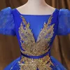 Vintage / Retro Royal Blue Beading Glitter Sequins Prom Dresses 2022 Ball Gown Square Neckline Puffy Short Sleeve Backless Floor-Length / Long Formal Dresses