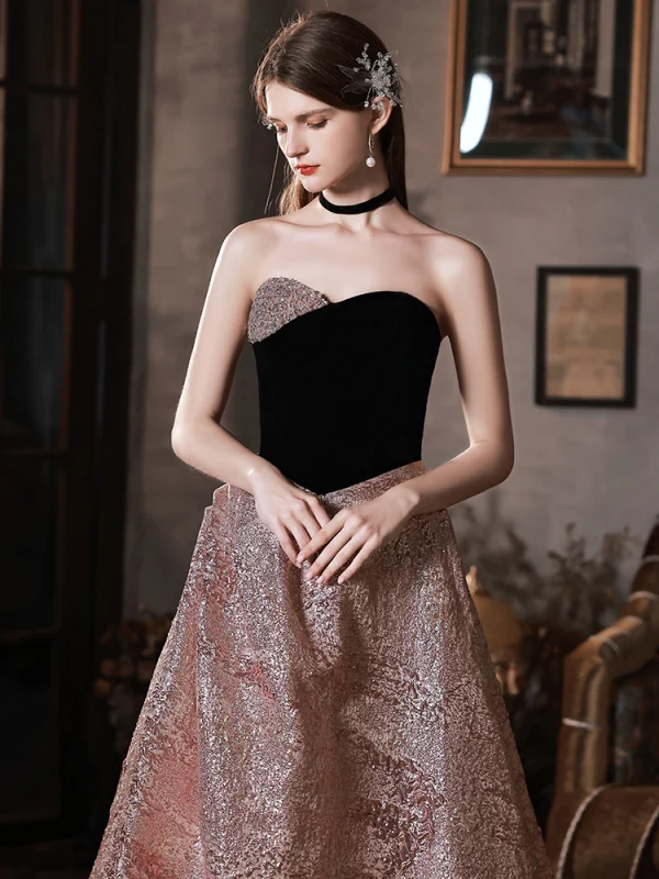 Charmant Rosa Satin Ballkleider 2022 A Linie Bandeau Glanz Pailletten Ärmellos Rückenfreies Lange Festliche Kleider